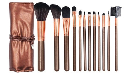 Professional Cosmetic Brush Set with Vegan Leather Travel Pouch (12- Piece)