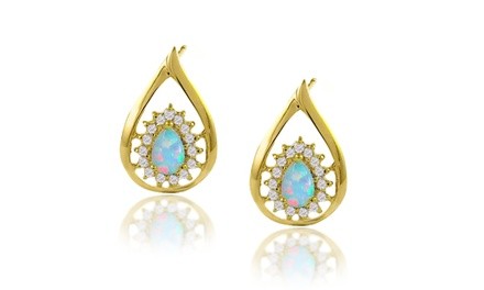 White Ethiopian Opal Tear Drop Stud Earrings in 18k Yellow Gold