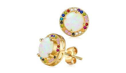 Opal and Multi Color Swaroski Crystal Halo Stud in 18k Gold