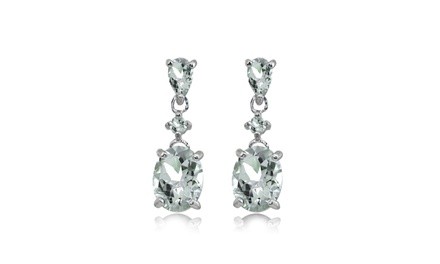 Light Aquamarine Oval Three Stone Dangling Stud Earrings in Sterling Silver