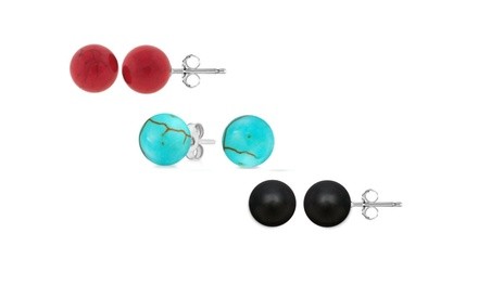 Set of 3 Genuine Turquoise , Red Coral and Onyx 8MM Ball Studs