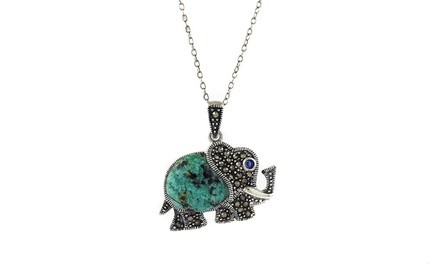 Genuine Turquoise and Marcasite Sterling Silver Elephant Necklace