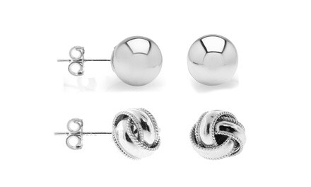 Solid Italian Love Knot and Ball Stud Earrings Set in Sterling Silver (2 Pack)