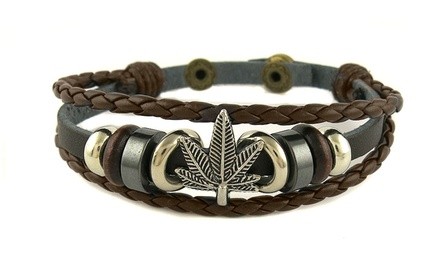 Men's Genuine Leather Three Row Hemp Leaf Bracelet