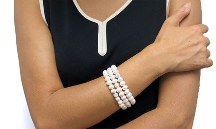 Genuine Freshwater Pearl And Swarovski Crystal Ball Stretch Bracelet