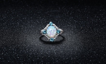 Opal and Aquamarine Ring in 18K White Gold Plating