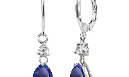 Oval Created Blue Sapphire & White Topaz 925 Silver Dangle Leverback Earrings