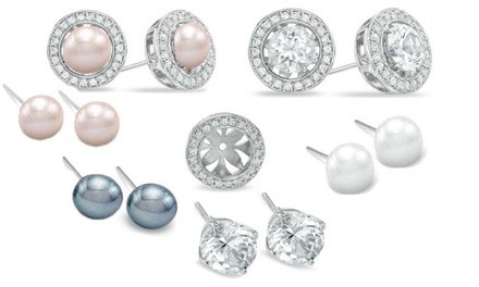 Set of 4 White Sapphire And Pearl Interchangeable Halo Stud Earring Set