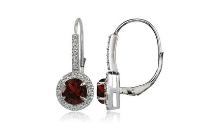 Sterling Silver Garnet and White Topaz Round Leverback Earrings