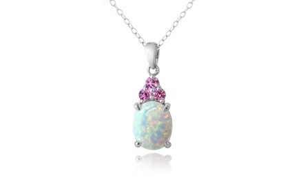 Sterling Silver Created White Opal & Pink Sapphire Oval Necklace