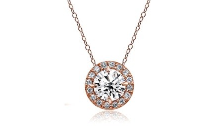 White Sapphire Round Halo Necklace in Rose Gold Flash Sterling Silver