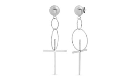 Ladies Stainless Steel Circles With Cross Drop Dangle Earrings