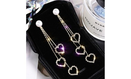 925 Silver Needle Douyin Pearl Long Hollow Out Heart Shape Diamond Stud Earrings