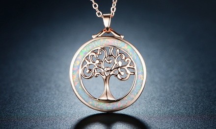 Tree Of Life Necklace in White Fire opal and Rose Gold Plating By Peermont