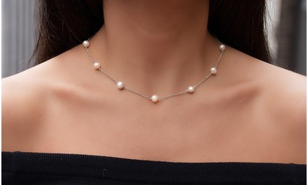 Genuine Freshwater Pearl Station Necklace in Sterling Silver 