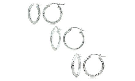 Set of 3 Sterling Silver Polished Twist & Diamond-cut 15mm Round Hoop Earrings