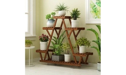 Wood Plant Stand Indoor Outdoor Carbonized Triangle 6 Tiered Corner Plant Rack