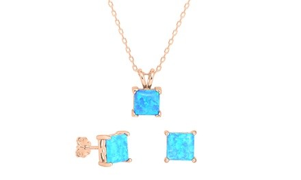 Genuine Gemstone Blue Opal Princess Pendant and Stud Earrings Set