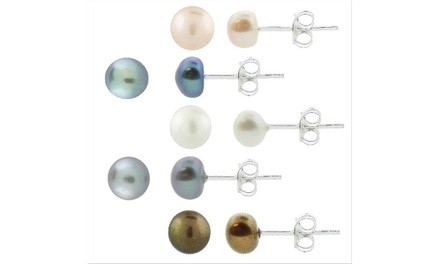 5 Pair Multi Color Freshwater Pearl Stud Earring Set