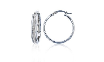 Sterling Silver Rhodium 30x4mm Glitter Hoop Earring