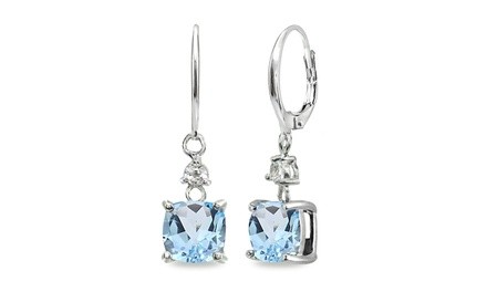 7mm Cushion-cut Blue & White Topaz Sterling Silver Dangle Leverback Earrings