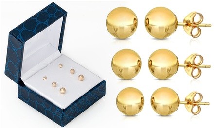 14K Solid Gold Ball Stud Earrings (3-Pairs)