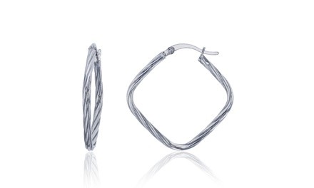 Sterling Silver Rhodium 30x2mm Textured Squared Hoop Earring