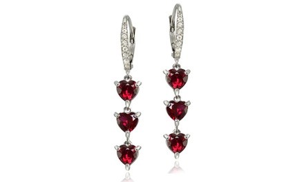 Sterling Silver Created Ruby and White Topaz Heart 3-Stone Dangle Earrings