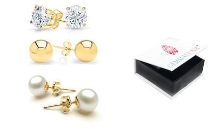 Genuine White Topaz, Pearl and Solid Italian Ball Stud Earrings Set (3-Pack)