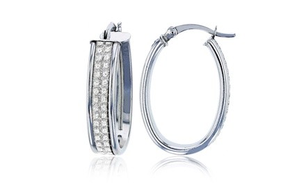 Sterling Silver Rhodium White Glittered 27X6mm Hoop Earring