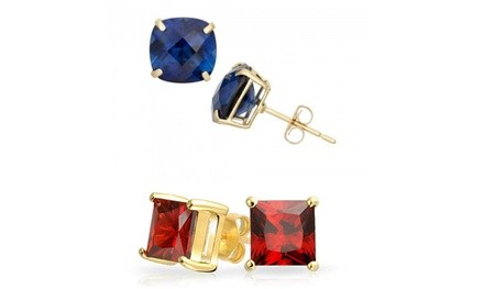 Created Blue Sapphire or Ruby Halo Earrings in Sterling Silver Gold