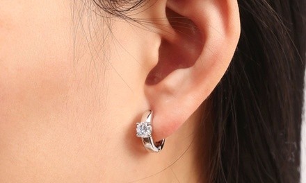 14k White Gold Huggie Earring Made with Swarovski crystal