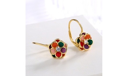 14K Gold and Swarovski Crystal Floral Leverback Earrings