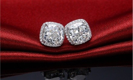 Sterling Silver Cubic Zirconia Cushion Cut Halo Studs