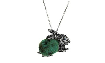 Genuine Turquoise and Marcasite Sterling Silver Rabbit Necklace