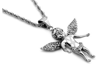 Mens Gold Plated Diamond Cut Rope Chain With Angel Bling Necklace