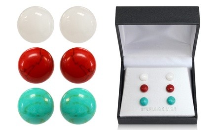 Sterling Silver Trio Red,White and Turquoise Stud Earring Set By MUIBLU Gems 