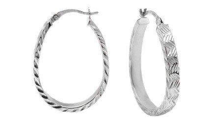 Italian Sterling Silver Diamond Cut Oval Hoops