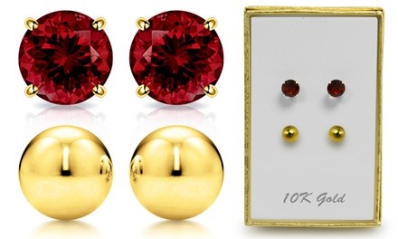 Solid 10K Gold Genuine Garnet And Ball Stud Earring Set By MUIBLU Gems