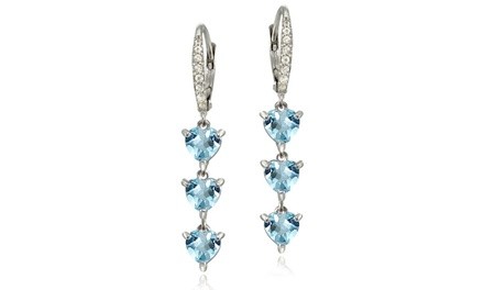 Sterling Silver Blue and White Topaz Heart 3-Stone Dangle Earrings