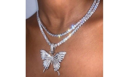 Women's Hollow Butterfly Crystal Clavicle Chain Shiny Butterfly Pendant Necklace