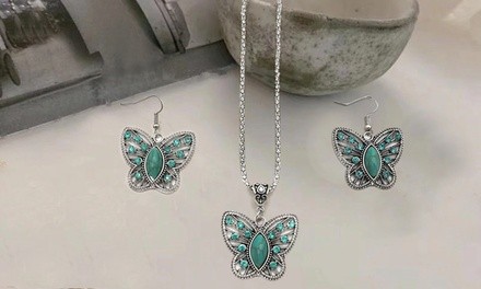 Set of Turquoise-Rhinestone Butterfly Necklace and Earrings from Novadab (83% Off). Three Options Available.