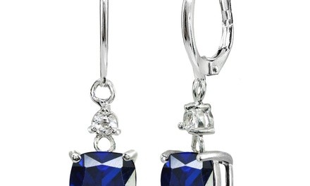 Oval Created Blue Sapphire & White Topaz 925 Silver Dangle Leverback Earrings