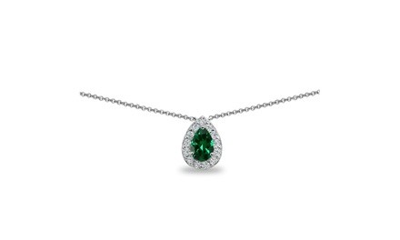 Emerald Teardrop Halo Choker Necklace with CZ Accents in Sterling Silver