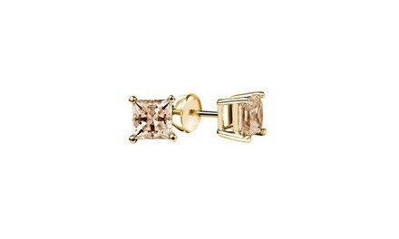 10k Yellow Gold Princess Cut Created Champagne Sapphire Stud Earrings