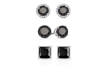 Set of 3 7.00 CTTW Black Stud Earrings With Crystals From Swarovski