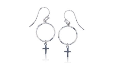 Sterling Silver Rhodium Open Circle with Dangling Cross Earring