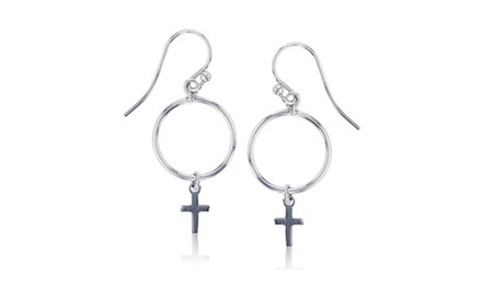 Sterling Silver Rhodium Open Circle with Dangling Cross Earring