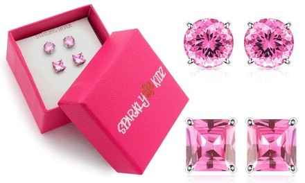 Sterling Silver Pink Round and Princess Cut Stud Duo Earring Set By SparklyKidz 