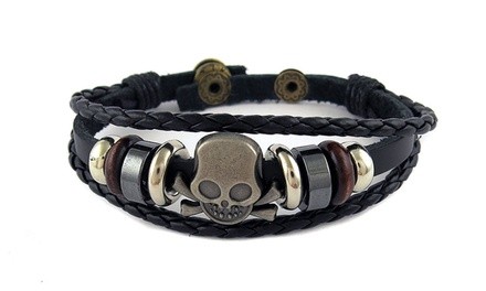 Mens Tri Row Genuine Leather Skull Bracelet